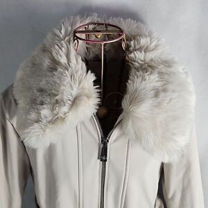 Scandi Girl Guess Winter White Trench Coat Detachable Faux Fur Collar Size L